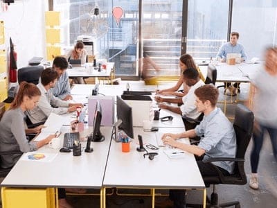 Employees working at a large desk